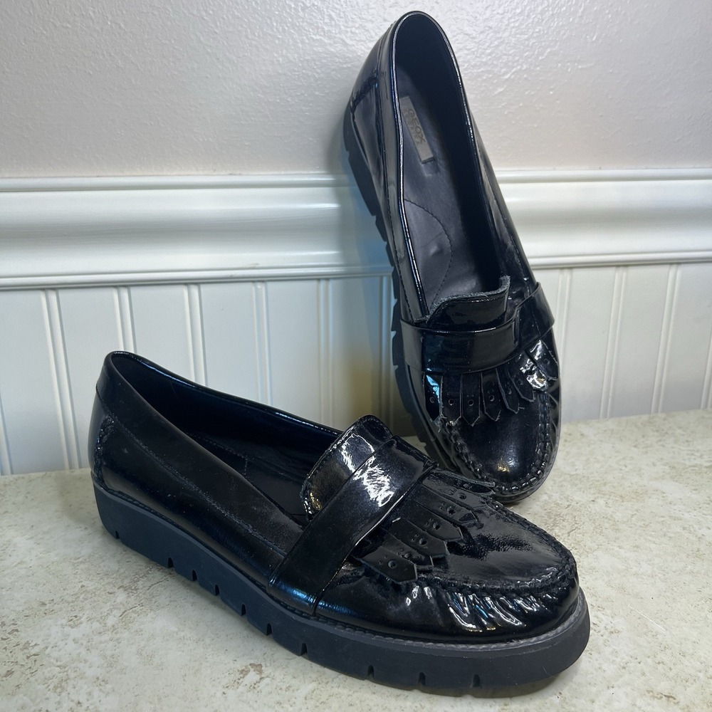 Geox Respira Black Patent Leather Kiltie Fringe Chunky Platform Loafers‎ Sz 40